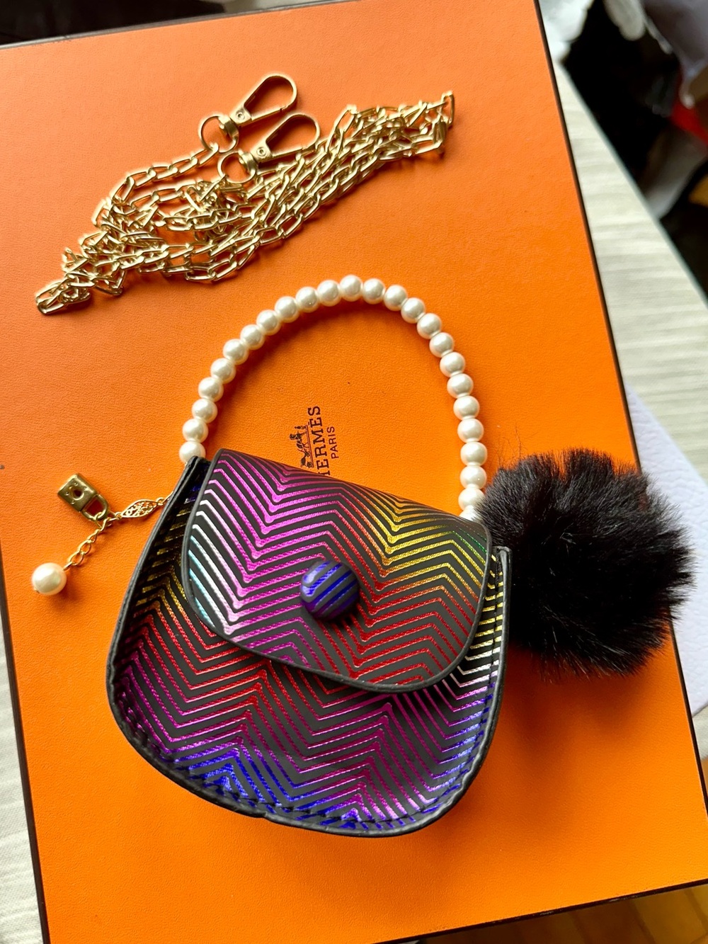 Handmade Dual‑Use Mini Rainbow Chevron Bag | Bag Charm / Crossbody Purse
